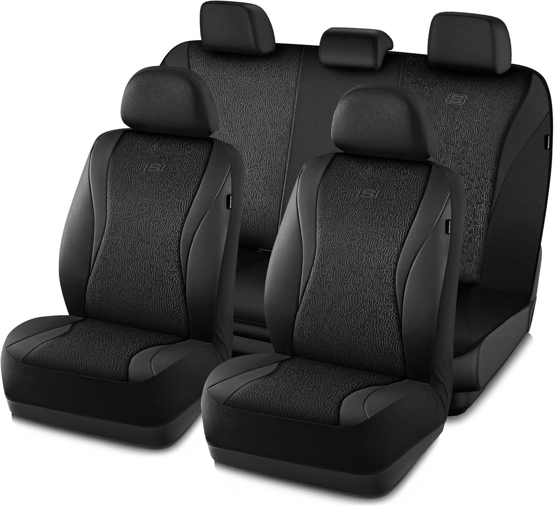 Skechers Car Seat Covers,Leather Seat Covers with GOGA Mat Technology,Waterproof Car Seat Covers Full Sets,Airbag Compatible,Comfort Universal Fit for Most Cars,Vans,Trucks,SUVs,Black