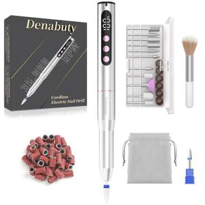 Electric Nail Drill Cordless, 35000RPM Portable Electric Nail File with LCD Display and 12 Nail Drill Bits for Acrylic & Gel Nails, Professional Manicure & Pedicure Kit Set Silver