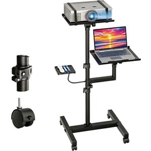 Projector and Laptop Stand Tripod, 2 Shelves Mobile Laptop Tripod Stand, Max 47" Height Adjustable Laptop Cart on Wheels, Projector Floor Stand with Ventilated Tray for Podium, Meeting, Couch (Black)