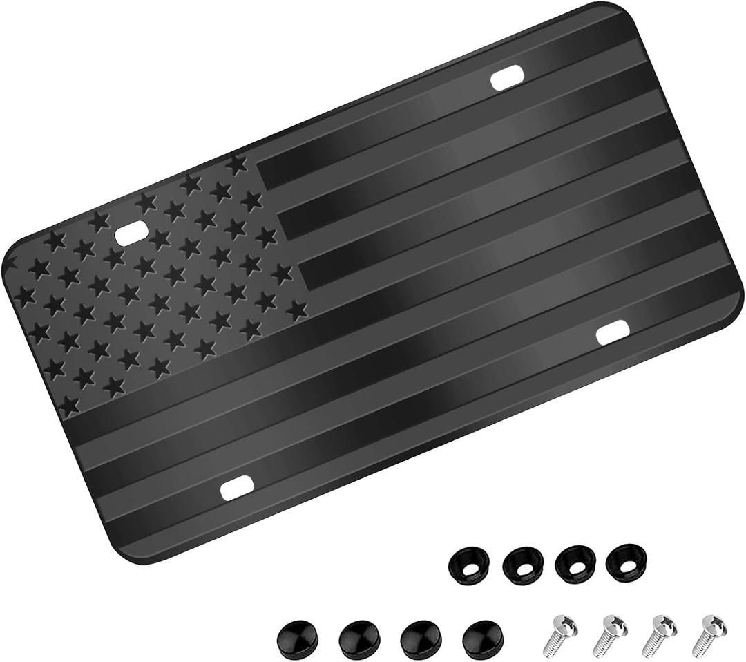 American Flag License Plate, Black Front Flag Decoration License Plates with 4 Holes,Aluminum Metal 3D Embossed US License Plate with Screws Caps, 6 * 12 inches Car Decor Accessory