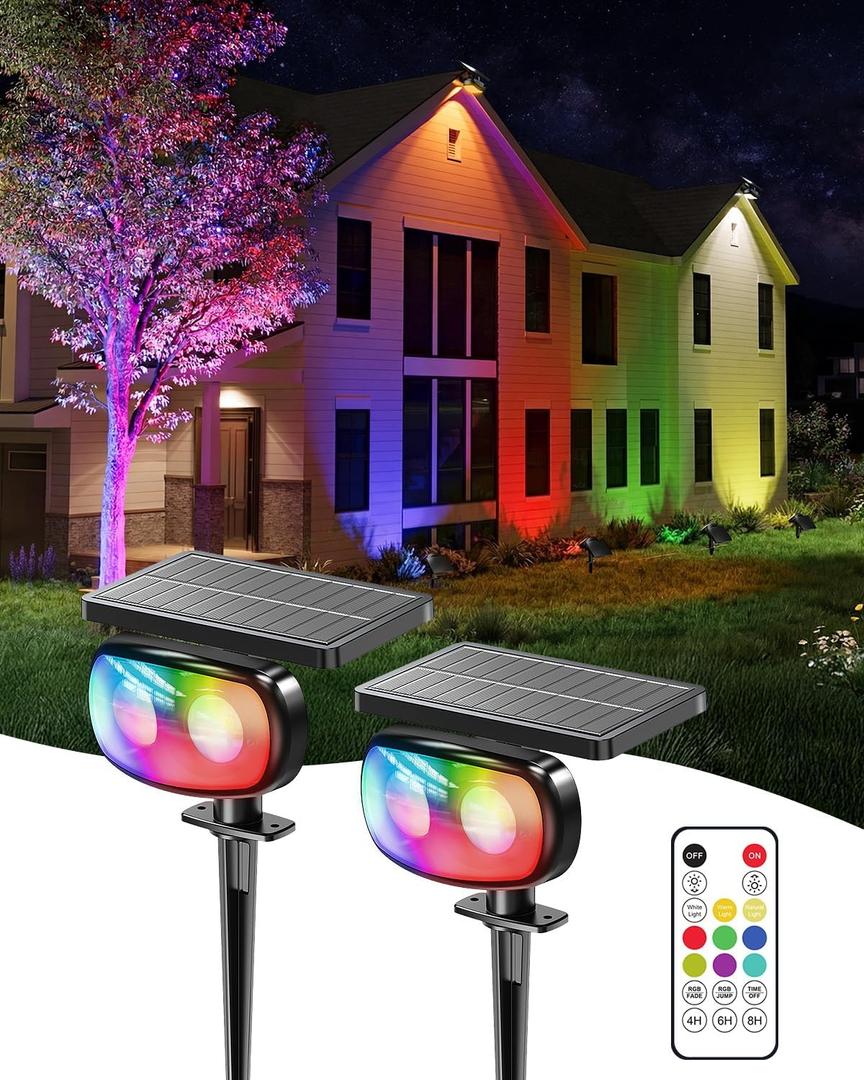 Solar Spot Lights Outdoor Waterproof IP68, RGB Colors Changing Solar Lights with 4 Lighting Modes, Solar Powered Lights Outdoor for Garden Yard Outside Landscape (2Pack)
