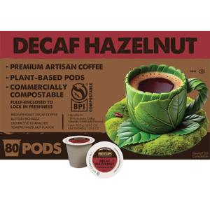 Ekocups Decaf Hazelnut Coffee Pods Medium Roast, Swiss Water Process, Compostable, Plant-Based & Freshness-Sealed French Press-Quality Brew K-Cup Brewer Compatible 80ct, BB Date 11/19/2026