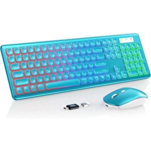 Wireless Keyboard and Mouse Combo - RGB Backlit, Rechargeable & Light Up Letters, Full-Size, Ergonomic Tilt Angle, Sleep Mode, 2.4GHz Quiet Keyboard Mouse for Mac, Windows, Laptop, PC (Metallic Blue)