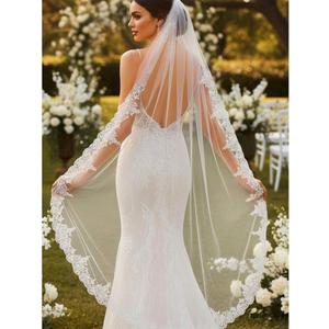 Aukmla Bride Wedding Veil Long Lace Bridal Veils 1 Tier Tulle Hair Accessories with Comb
