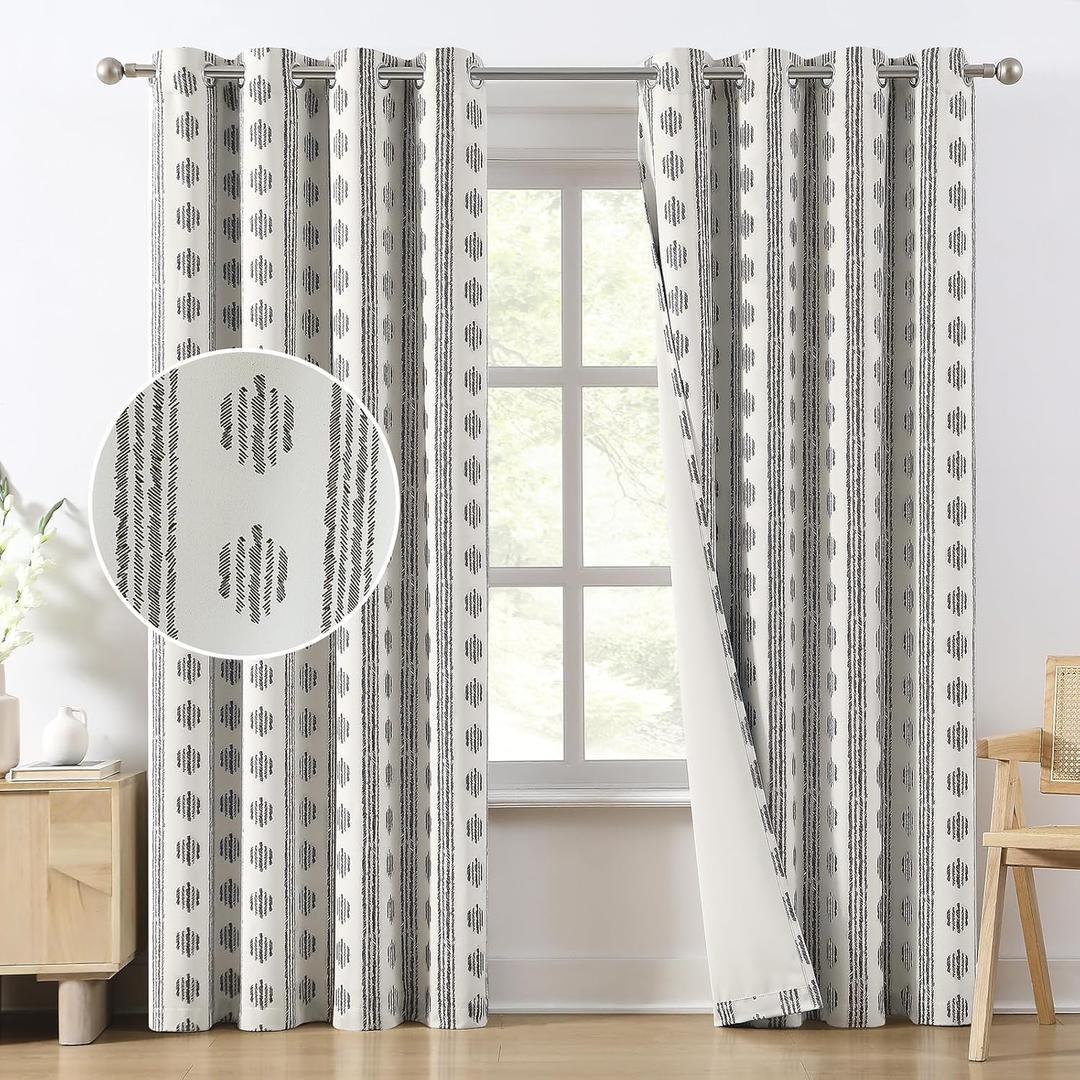 Melodieux Blackout Boho Curtains for Bedroom 84 Inch Length 2 Panels Set Black on Beige Striped Pattern Cotton Bedroom Curtains Grommet Room Darkening Curtains for Living Room Thermal Insulated