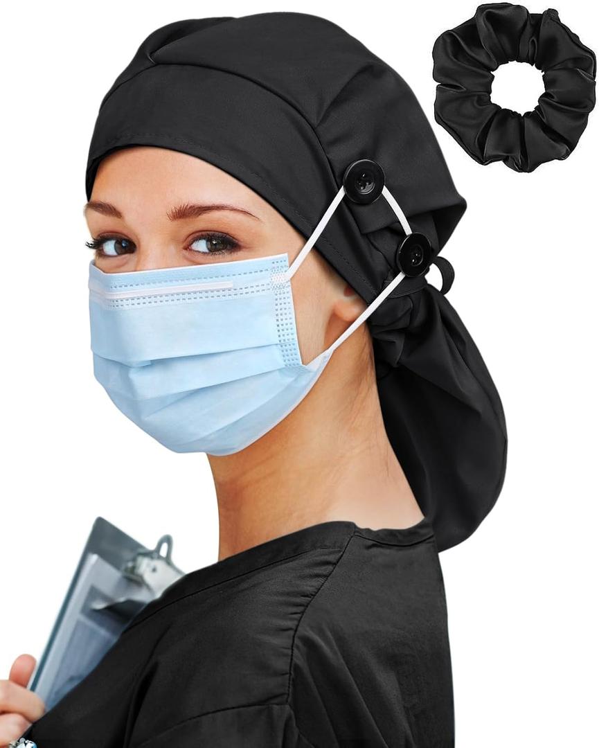 Large Satin Lined Scrub Cap for Women Long Hair Nurse Head Cap Surgical Bonnet 4 Buttons (Black)
