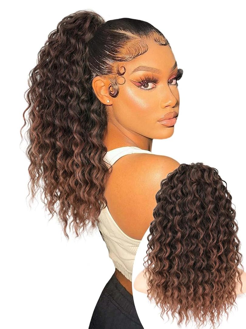 Isaic Ponytail Extension 16 Inch Long Wavy Curly Ponytails Drawstring Ponytail for Black Women Mix Brown with Deep Orange Pony Tails Hair Extensions Synthetic Hairpiece for Daily Use