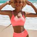 Fanuerg Women's Ribbed High Waisted Bikini Sets Scoop Neck Two Piece Swimsuits Spaghetti Strap Textured Bathing Suit (Pink, S)