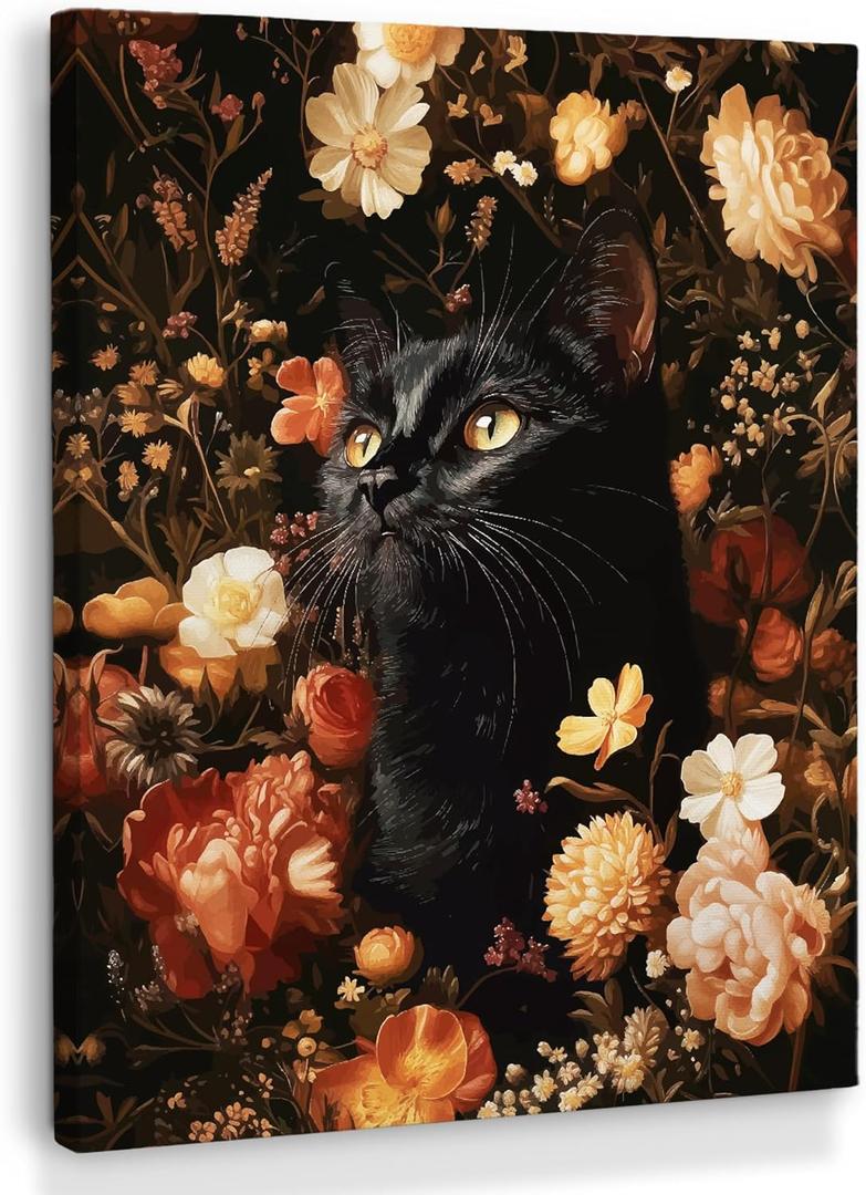 XINCEYWJ Vintage Black Cat Floral Wall Art Decor, Moody Black Cat Canvas Art Prints Framed, Gothic Cottagecore Kitten Flower Pictures Wall Decorations for Home Bedroom Living Room, 11x14 Inches