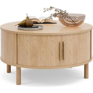 Coffee Table for Living Room, Modern Round Coffee Table with Cabinets & Sliding Doors, Home Small Space, 29.9" Fluted Center Table, Natual (Oak_lsj031-n)