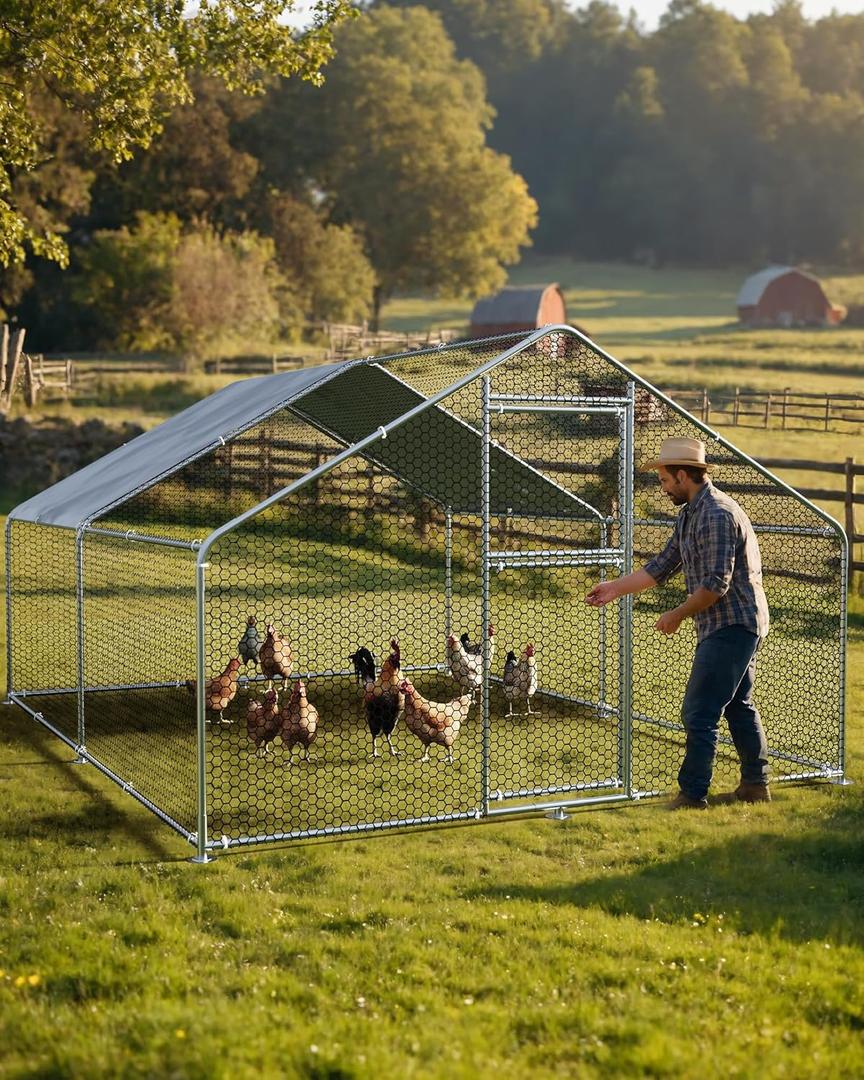 Chicken Run - Metal Chicken Coop with Waterproof & Anti-UV Cover, Outdoor Run 13.1 x 9.8 x 6.4 Ft