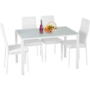 FDW | 5-Piece Dining Table Set | White | Glass Kitchen Table with 4 Upholstered Chairs and Faux Leather Cushions | Space-Saving and Modern Design | for Dining Room, Easy to Assemble