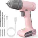 WORKPRO Pink Cordless Drill Driver Set, 12V Electric Power Drill Tool Kit with 6 Pcs Bits, 3/8-Inch Keyless Chuck, Variable Speed, 18 Touque Setting, Type-C Charge Cable, Led Light, Pink Ribbon