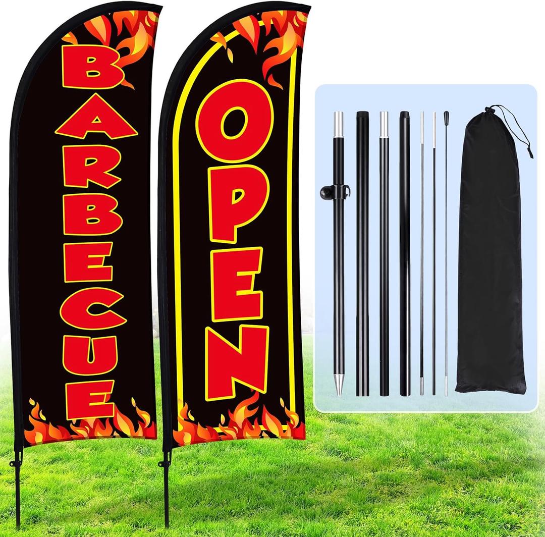 Buryeah 2 Sets Barbecue BBQ Open Feather Flag Kit 8 ft Barbecue Flag Banner with Pole Ground Stake and Portable Bag for Restaurant BBQ Sign Business Advertising Outside Ground(Black)
