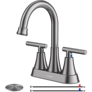 Bathroom Faucets for Sink 3 Hole, Hurran 4 inch Brushed Grey Bathroom Sink Faucet with Pop-up Drain and Supply Hoses, Stainless Steel Lead-Free Centerset Touch On Faucets for Vanity RV