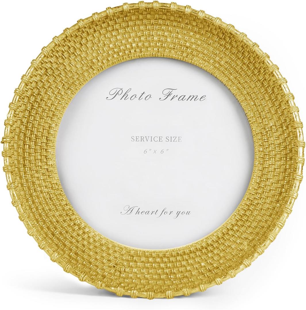 Cuspin 6x6 Round Picture Frame, Vintage Gold 6 inch Circle Frame Rattan Textured Hand-Crafted Resin Photo Frames with Glass Front for Tabletop Display & Wall Hanging, Retro Design Home Decor