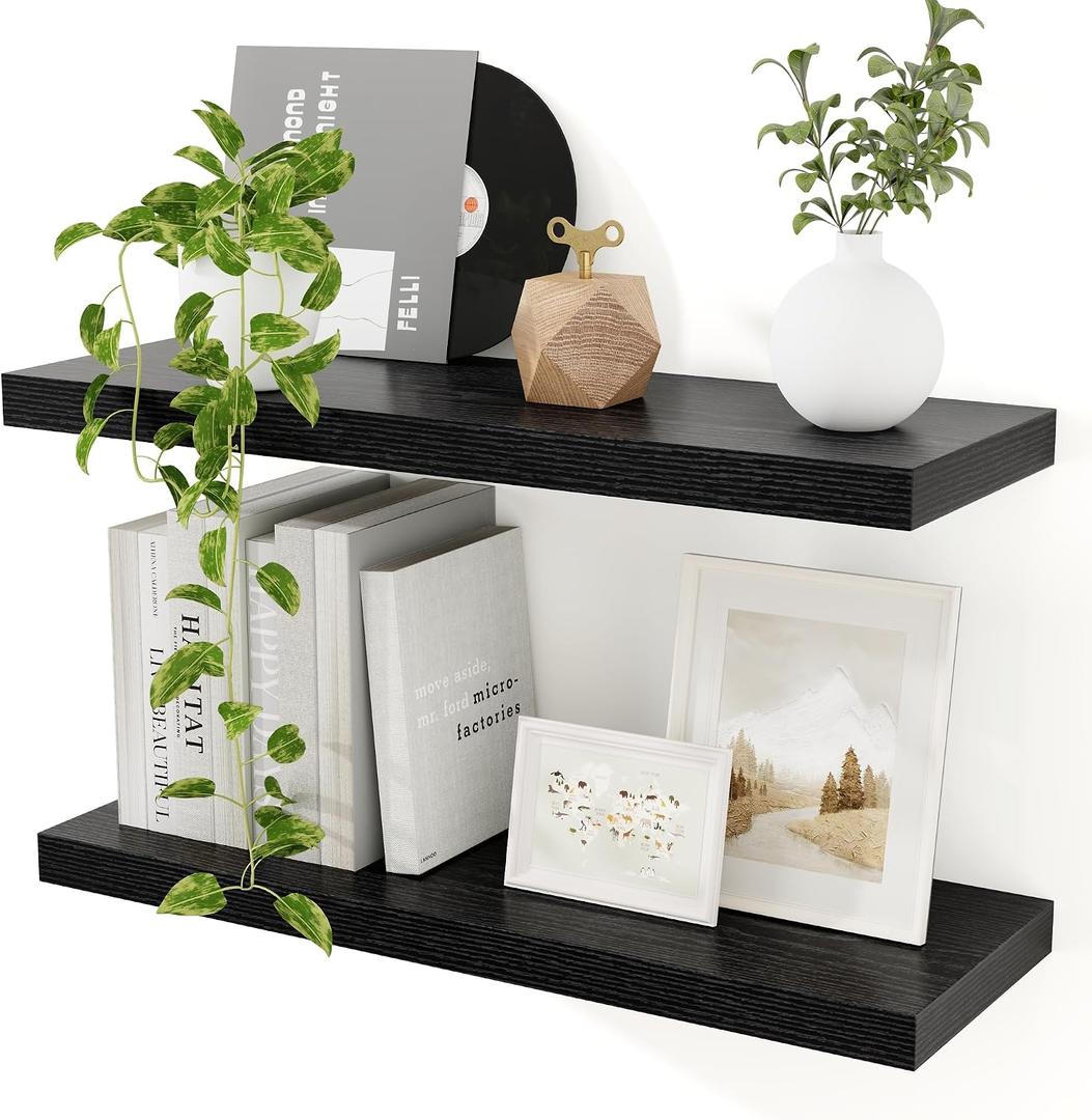 Floating Shelves for Wall, 24in Black Wooden Shelves Set of 2, 24"W x 9.3"D x 1.5"H, Set of 2