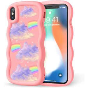 Compatible with iPhone Xs Max Case for Women Girls, Curly Wavy Frame with Cute Pattern, Aesthetic Slim Soft Silicone TPU Bumper Shockproof Phone Case for iPhone Xs Max - Galaxy Rainbow