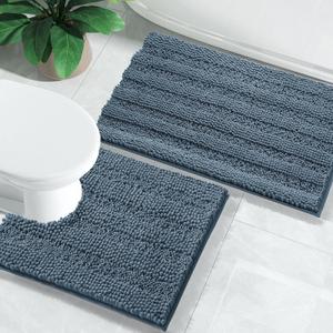 Yimobra Bathroom Rugs Sets 2 Piece, Soft Absorbent Chenille Bath Mat and U-Shaped Toilet Rug, Non Slip Machine Washable Quick Dry, Plush Shower Rugs for Bathroom Floor, 24"x17"+24"x20", Denim Blue