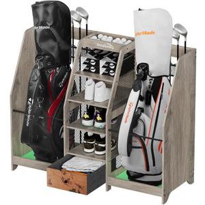 Golf Bag Storage Organizer for Garage, Premium Wooden 2 Golf Bags Rack with Drawer, Easy Assemble Golf Club Stand/Holder Suitable for Garage Home Simulator and Office
