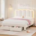 Queen Upholstered LED Bed Frame with 2 Storage Drawers and Adjustable Chic Double Wavy Headboard, Velvet Princess Platform Bed with Charing Station, Solid Wood Slats Support,No Box Spring Needed,Beige