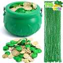 JOYIN 119 Pcs St. Patricks Party Supplies Set, 18 Bead Necklaces, 100 Plastic Coins and 1 Cauldron, St Patricks Day Party Favor Supply (Green Cauldron, Bead Necklace, Green and Gold Coins)