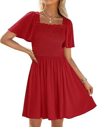 ZESICA Women's 2025 Summer Casual Mini Dress Flutter Short Sleeve Square Neck Smocked Tiered Ruffle Flowy Dresses,Red Medium