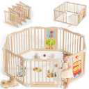 Foldable Wooden Playpen - Adjustable Wood Baby Play Yard with Child-Proof Lock, Indoor Large Safety Fence for Babies and Toddlers - Easy Assembly, 55 x 55 x 24 inches, Animal Bus, Natural