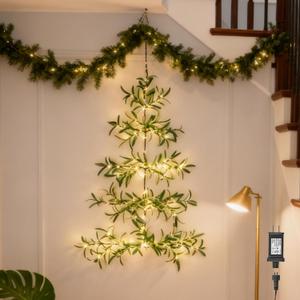 Hairui Lighted Wall Hanging Olive Tree with Timer 3.5FT 140 Warm White LED Fairy Lights, Vine Garland with Lights for Home Room Fireplace Wall Window Christmas Decoration Inside Outside