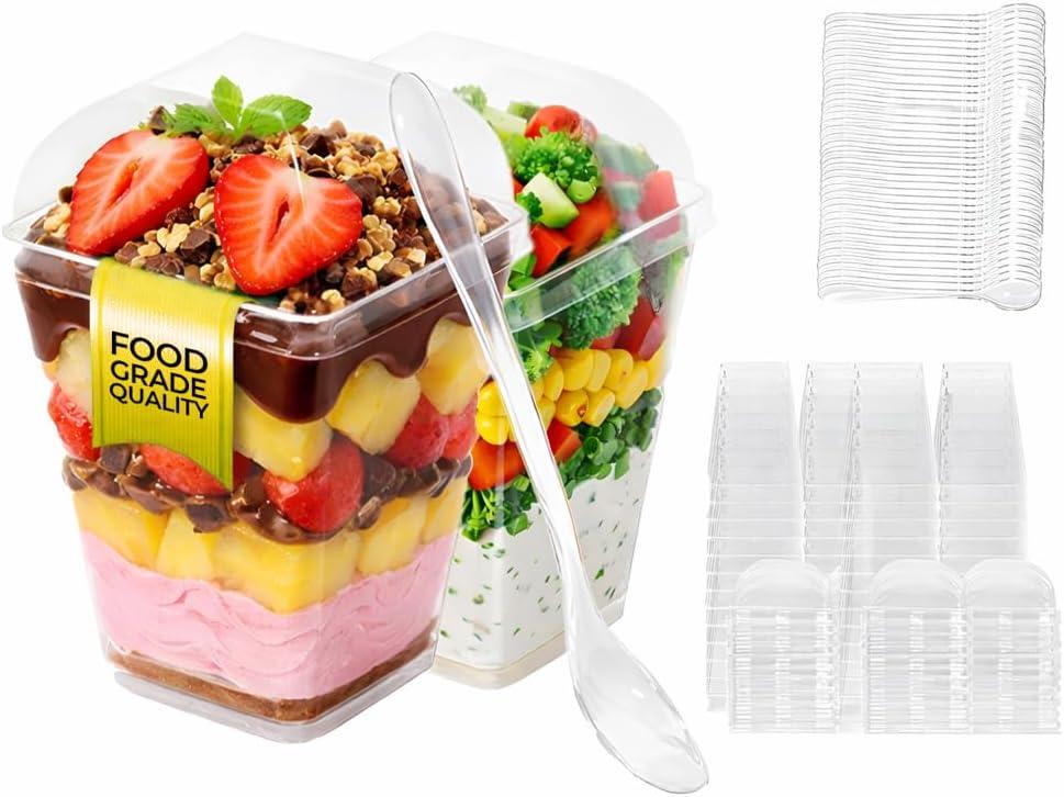 Dessert Cups with Lids and Spoons 50 Pack 5oz Clear Plastic Containers, Mini Shooter Cups for Ice cream, Square Appetizer Cups for Pudding, Yogurt, Fruit & Party