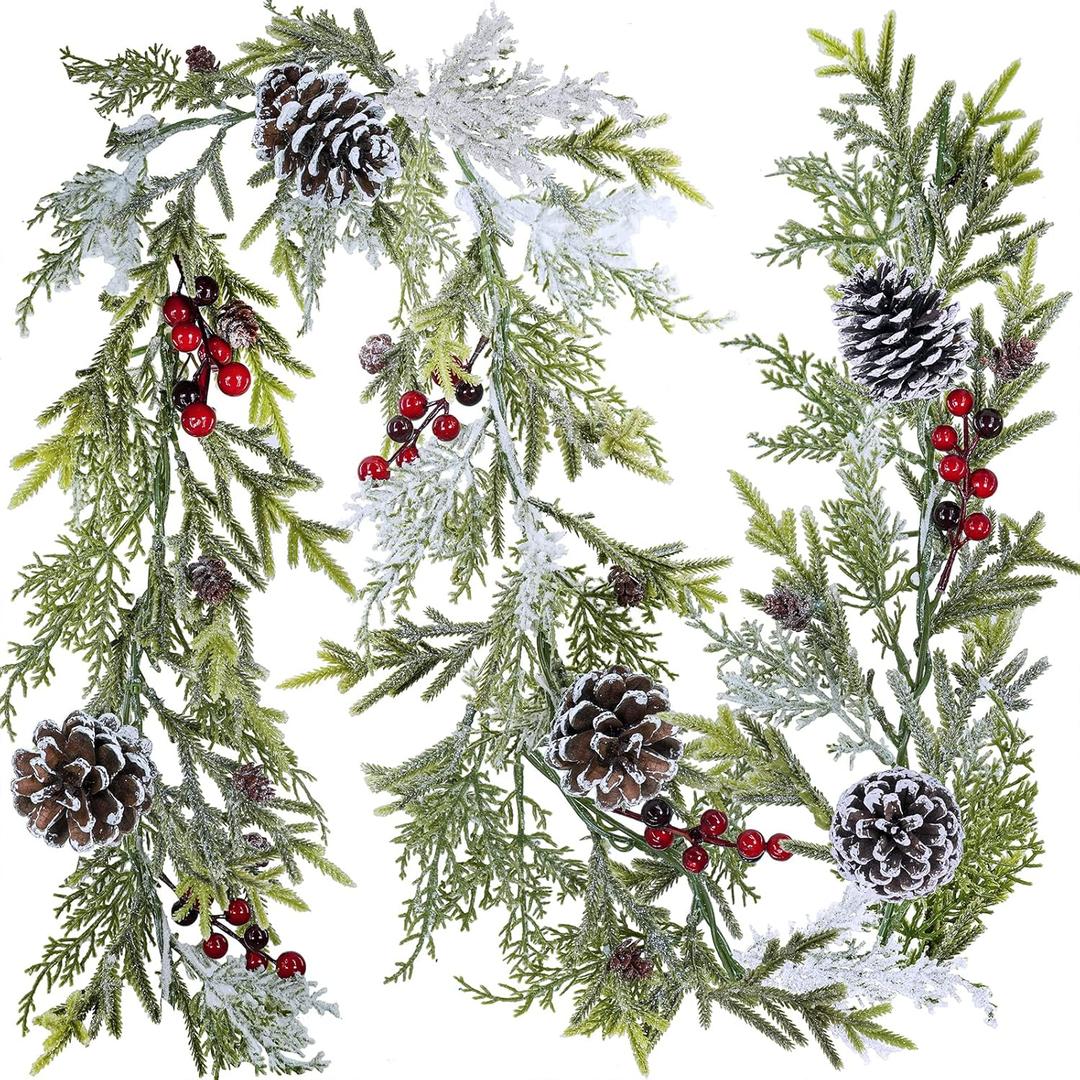 6' Long Snowy Artificial Pine and Cedar Christmas Garland with Pine Cones Red Berries Winter Greenery Garland for Christmas Wedding Winter Seasonal Holiday Table Runner Centerpiece Mantel Decoration