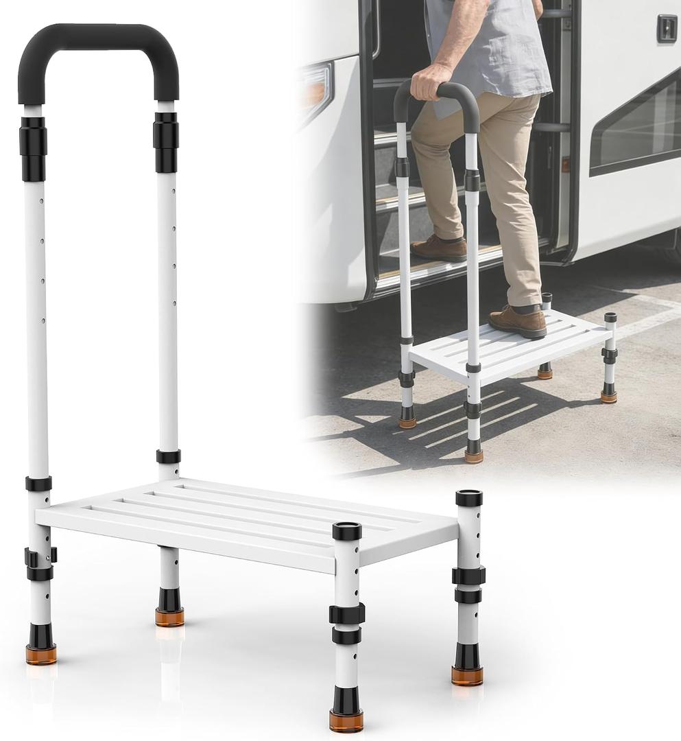 Adjustable Height Car Step Stool with Handrail for RV, SUV & Truck - 4 Legs & Handrail Height Adjustable, Heavy Duty 800 lbs Capacity, Non-Slip Safety Step Assist for Elderly, Seniors & Mobility Aid