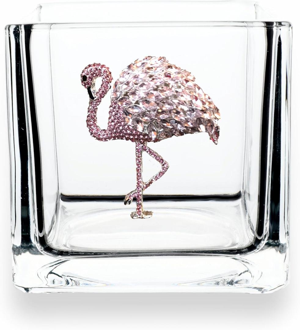 THE QUEENS' JEWELS Flamingo Jeweled 4x4 Candle Holder Vase - Unique Gift for Women, Birthday, Cute, Fun, Cocktail, Queen, Not Painted, Decorated, Bling, Bedazzled, Rhinestone