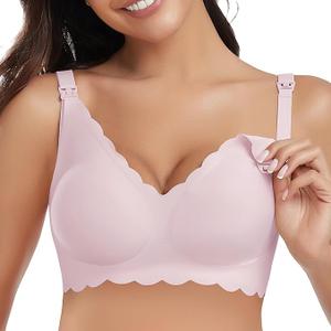 Scalloped Nursing Bras for Breastfeeding Seamless Wireless Maternity Bras for Pregnancy Soft Sleep Support Bra Pink L