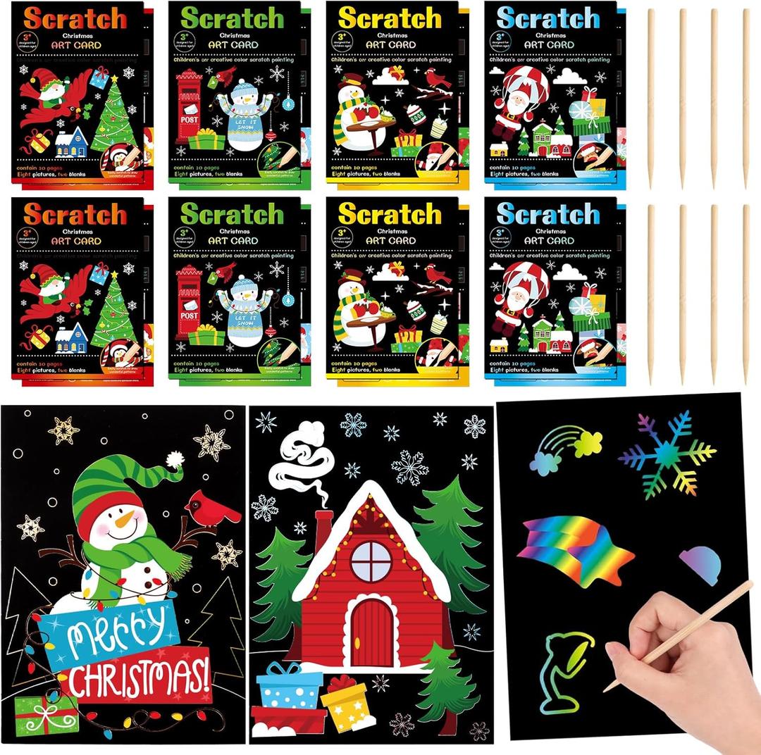 DIYASY 8 Set Christmas Scratch Crafts Arts Paper, Xmas Coloring Crafts Gifts for Kids Scratch Party Favors Winter Holiday Gifts DIY Classroom Prizes