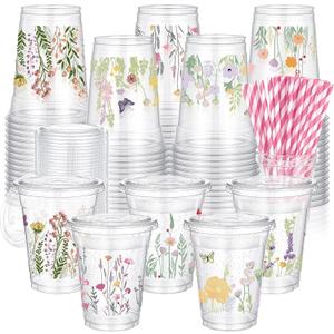 FoldTier 100 Pcs Wildflower Cups Plastic with Lids and Straws 12 oz, 12 oz capacity (EXP 08/15/29)