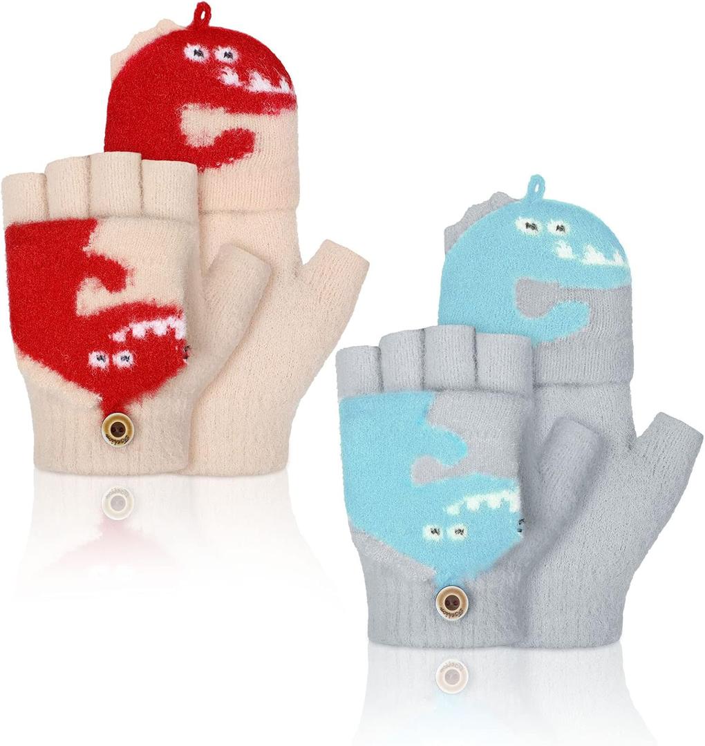 2 x SATINIOR 2 Pairs Winter Kids Fingerless Gloves Dinosaur toddler Finger Mittens Knit Convertible Half Finger Mitten Flap Aged 3-10