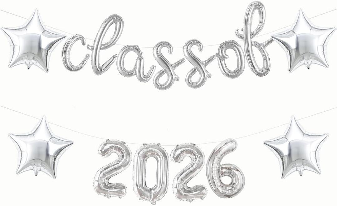 2 x Silver Class of 2026 Balloons 16 Inch Graduation Balloons Class of 2026 Balloon with Star Balloons for Graduation Decorations 2026