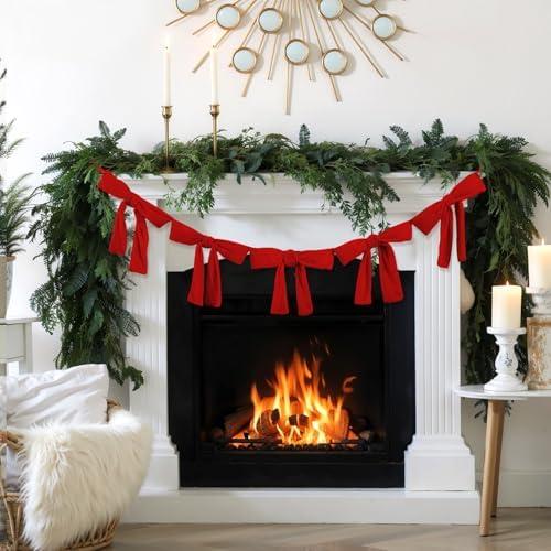 Suncalla 5.9ft Christmas Velvet Bow Garland Pre Strung Bow Garland Banner with 5 Pcs 12 x 12 Inches Giant Velvet Bows Reusable Vintage Decoration for Xmas Tree Fireplace Staircase (Red)