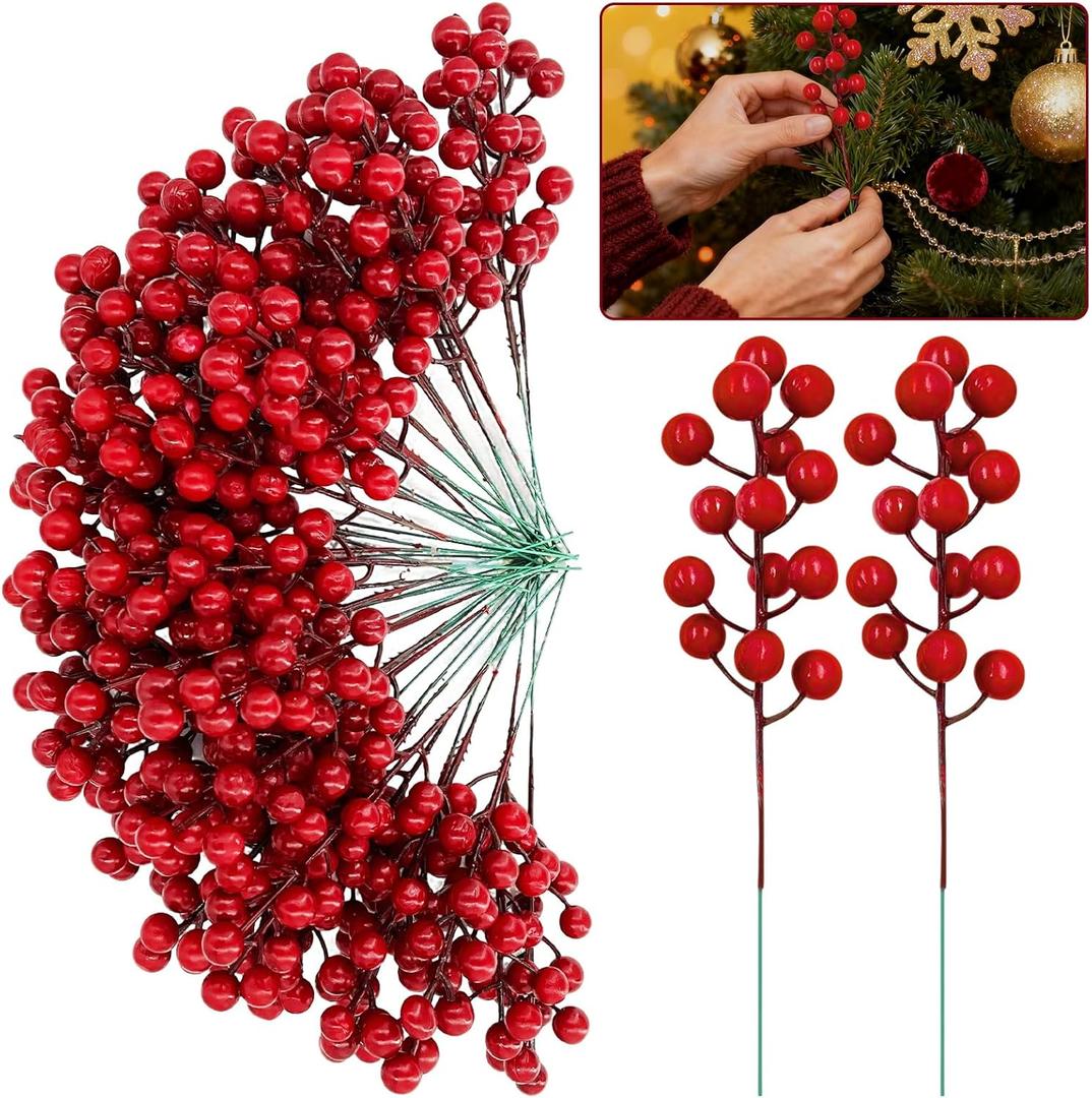 50 Pack Red Berry Stems Artificial Holly Berry Christmas Picks Sprays for Christmas Tree Decorations, Fake Fruit Vase Filler DIYs Wreath Crafts Xmas Ornament Wedding Party Home Decor