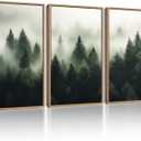 KUVIOKE Green Fog Pine Tree Framed Wall Art Nature Nordic Forests Artwork Morden Painting Home Decor 12x16in (Natural Framed)