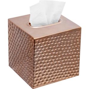 Tissue Box Cover Holder Square - Gold Cube Tissues Boxes Covers Bathroom Accessories - Decorative Bronze Facial Paper Holders Modern Home Decor - Vintage Matte Wood Metal Tissue Dispenser for Office (Copper)