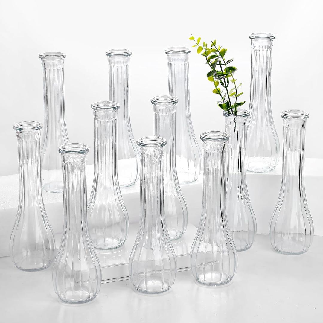 Glass Bud Vases for Centerpiece,12 Pcs Small Clear Ribbed Flower Vases for Weddings, Parties, Home Decor (8.5" Tall, Bulk Set) - Minimalist Table Vase for Roses, Pampas Grass, DIY Arrangements