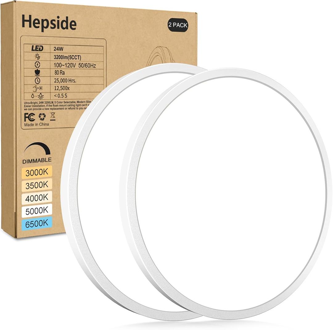 hepside 2Pack LED Flush Mount Ceiling Light Fixture, 12Inch 24W, Dimmable&3000K/3500K/4000K/5000K/6500K Adjustable Low Profile Ceiling Lights, White Round Flat Ceiling Light for Closet,Kitchen,Hallway (12Inch-2pack)