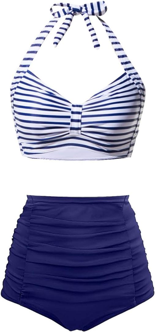 Holipick Women High Waisted Bikini Set Two Piece Swimsuit Tummy Control Bathing Suit Vintage Halter Swimwear (Medium, Blue Stripe)
