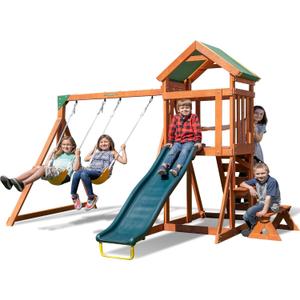 Sportspower Scottsdale Wood Swing Set: 2 Adjustable Swings, Sandbox, Rock Climber, Covered Deck, 1 Slide - Exceeds ASTM Safety Standards