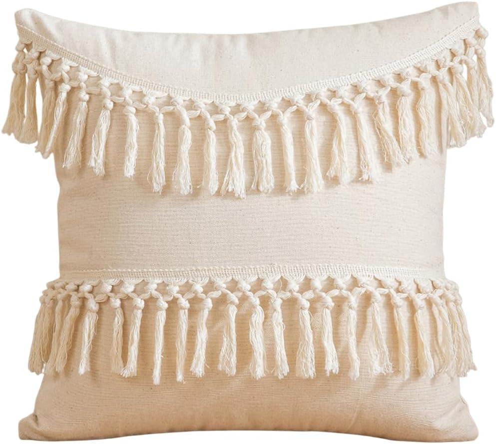 Boho Decorative Throw Pillow Cover 18x18 Inch Cozy Bohemian Macrame Cushion Cover Square White Cotton Pillow Case with Tassels for Couch Sofa Bed Bench Car Farmhouse Home Decor