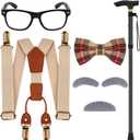 100 Days of School Old Man Costume for Boys Include Glasses Suspenders Bow Tie Crutch Mustache for Grandpa Dress Up