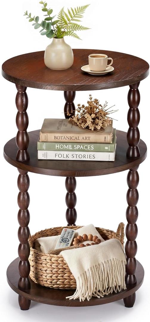 Small Round Side Table, 3-Tier Solid Wood End Table with Storage Shelf, Modern Bedside Tables Night Stand for Living Room, Bedroom, College Dorm, Small Space (Rustic Brown)