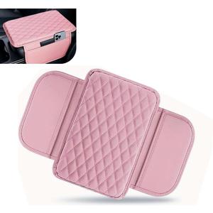 Car Center Console Cover, Waterproof Leather Car Armrest Cover Cushion with Side Storage Pockets, Upgraded Vehicle Armrest Storage Box, Universal for SUV, Sedan, Truck (Pink)